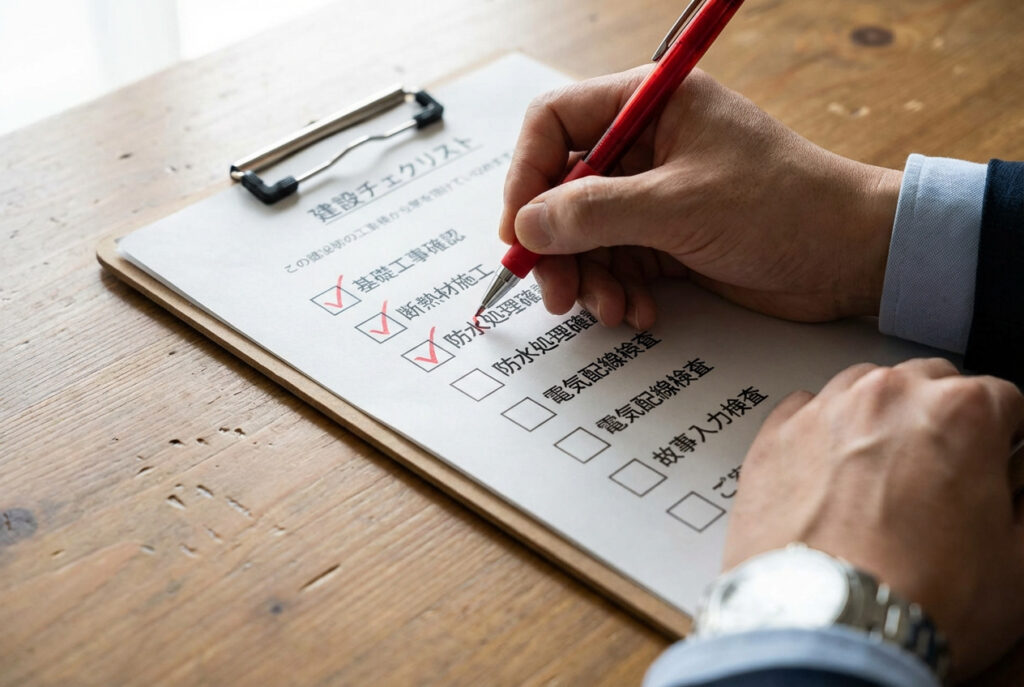クリップボードに挟まれた建設チェックリストの「基礎工事確認」などの項目をペンでチェックする施工管理者の手元