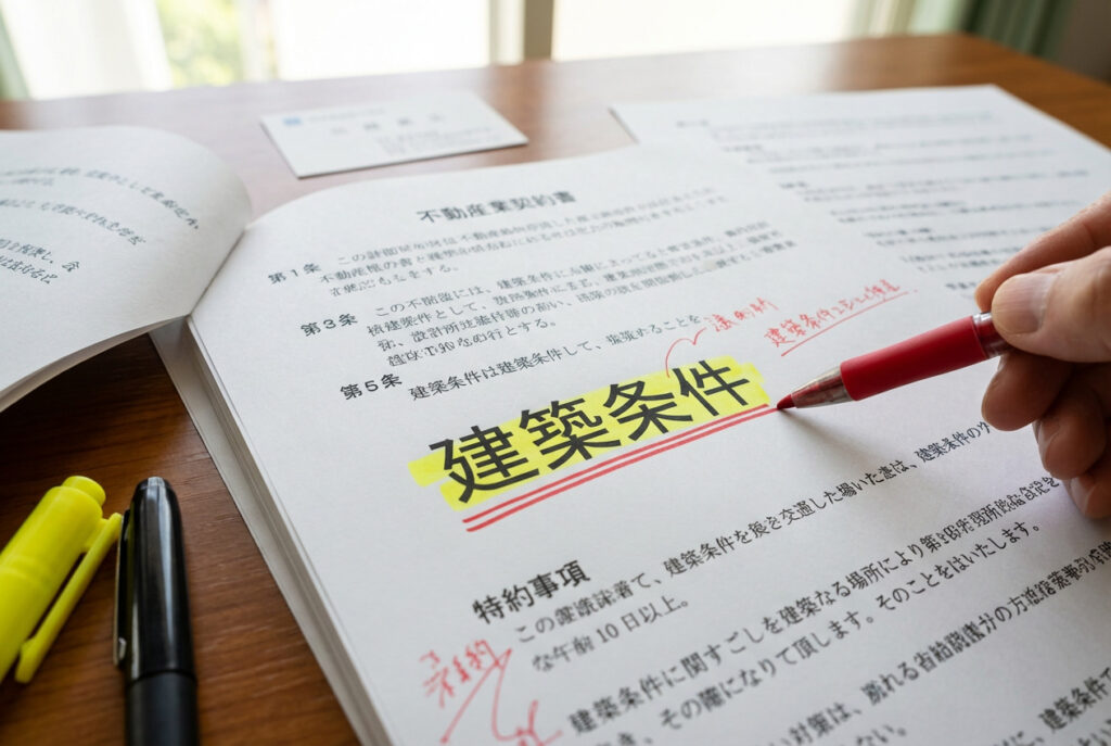 不動産売買契約書の「建築条件」という項目を赤いペンで強調し、重要事項を確認する手元