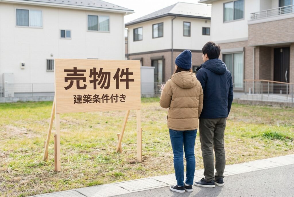 分譲地の「売物件・建築条件付き」と書かれた看板の前に立つ若い夫婦の後ろ姿