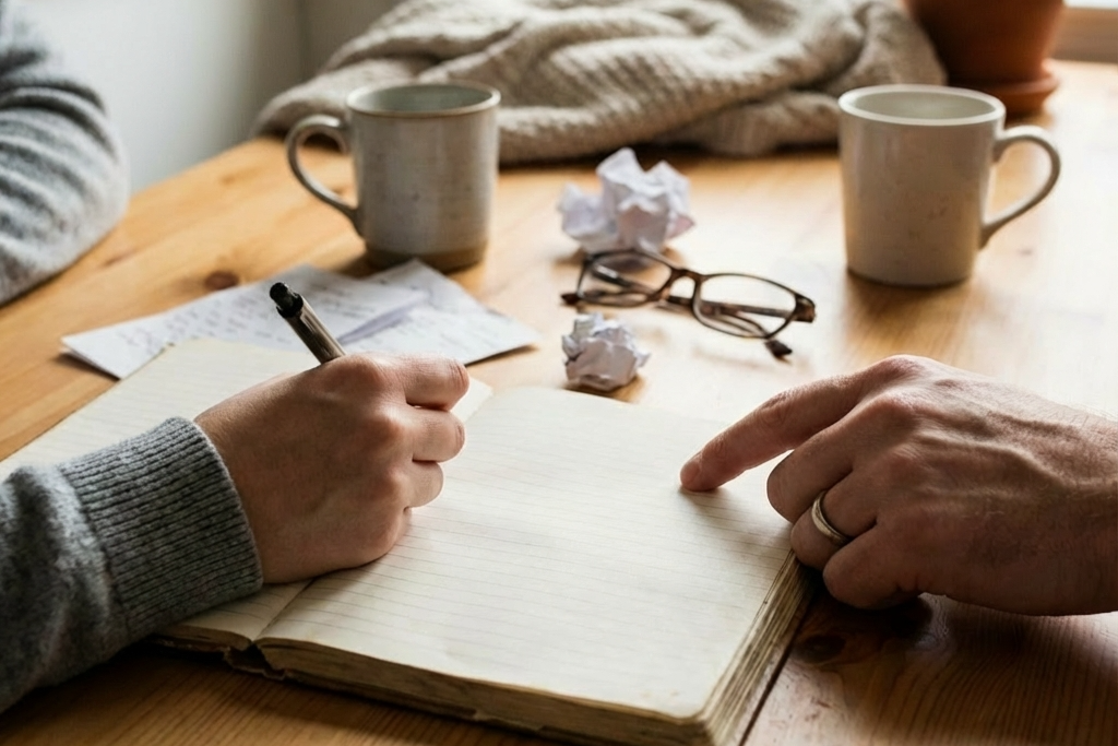 コーヒーカップが置かれたテーブルで、ノートに家づくりの要望を書き留める施主と家族の手元