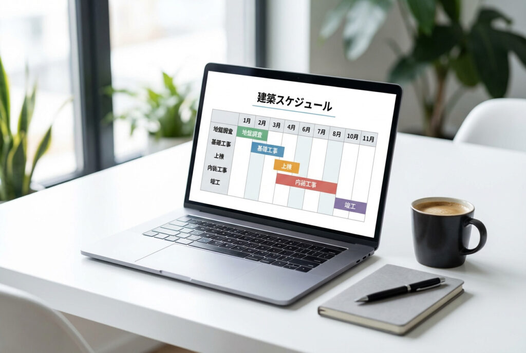 ノートPCに表示された地盤調査から竣工までの詳細な「建築スケジュール」の工程表
