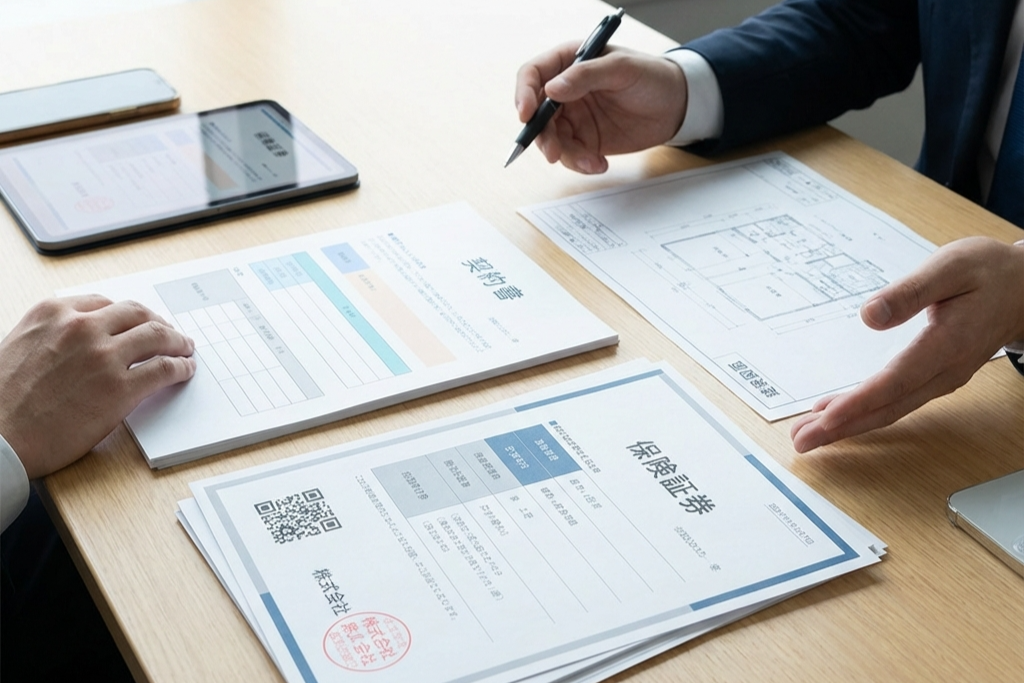 テーブルの上で住宅の契約書と保険証券の内容を指さしながら確認する担当者と施主の手元