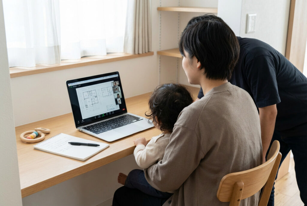 小さなお子様を抱っこしながら、自宅のデスクでリラックスしてオンライン打ち合わせに臨む様子