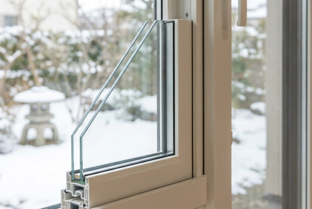 複層ガラスと樹脂フレームの断面構造が見える、HEAT20 G2対応の高断熱サッシのディテール