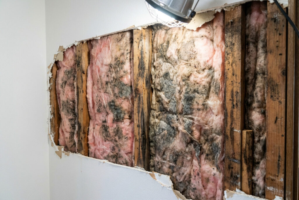 壁の内部に充填されたグラスウール断熱材と、それを支える柱の様子。湿気による結露やカビの発生状況を確認するための調査風景。