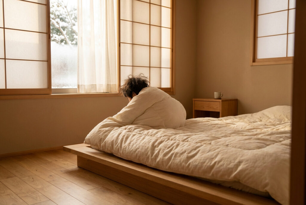 冬の冷気が伝わる窓際で、布団にくるまり寒さに耐える様子と従来の断熱性能との違い