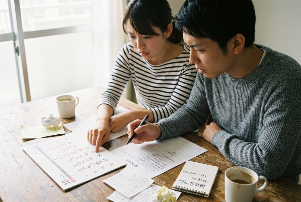 卓上のカレンダーを指さしながら、注文住宅の完成に向けた打ち合わせのスケジュールを確認する様子