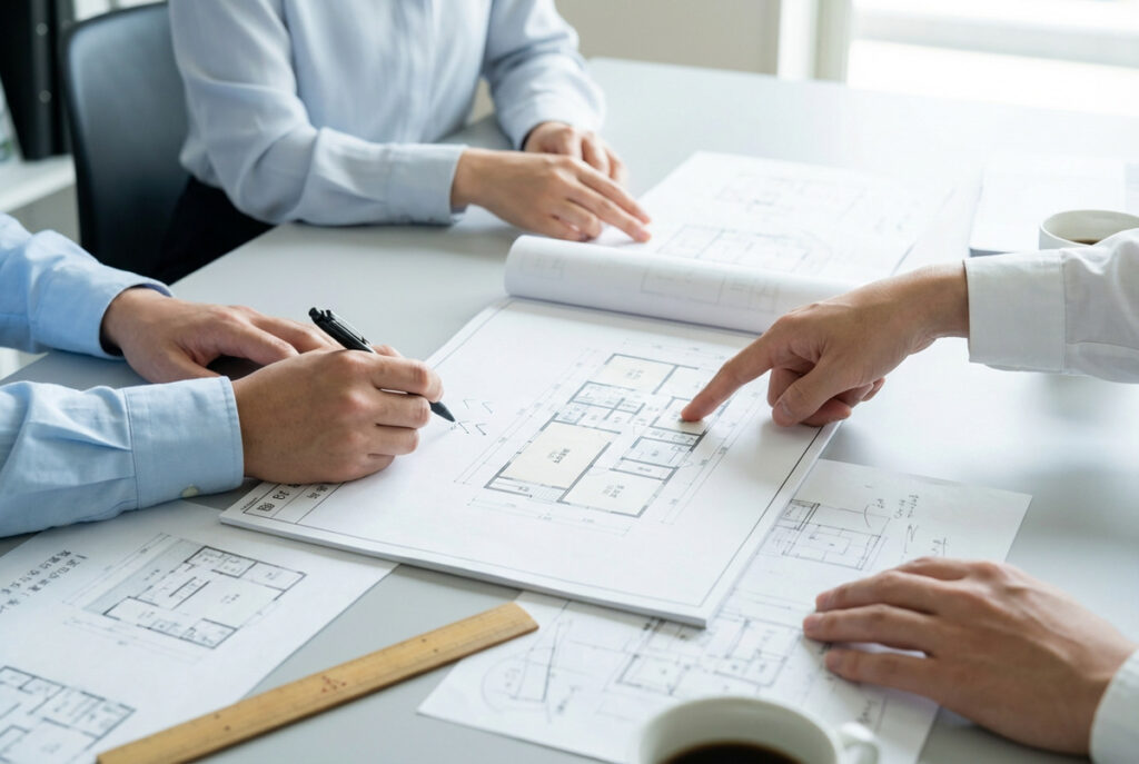 住宅メーカーの担当者と施主がテーブルで間取り図を囲み、和室の配置を打ち合わせる様子