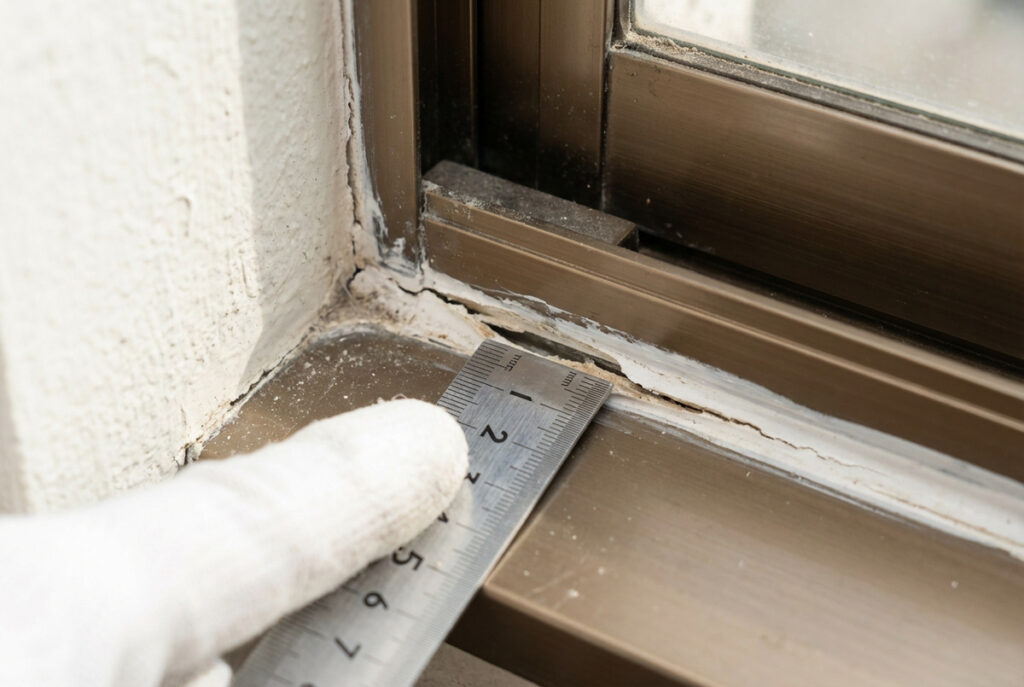 サッシ下枠の防水施工状態を定規で計測する様子。隙間や亀裂がないか、ミリ単位で厳密に品質管理を行う。