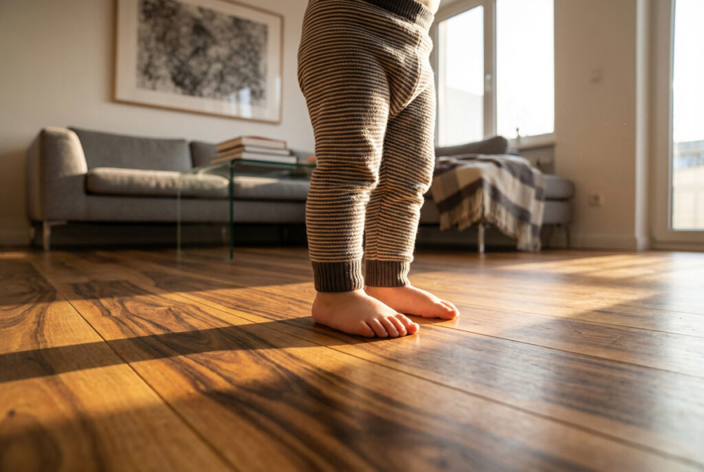 冬の朝、無垢材のフローリングに素足で立ち、日差しを浴びる子供の足元と断熱等級6の住環境