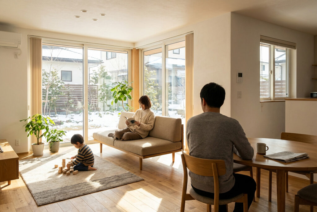 雪景色の庭を眺めながら、半袖や薄着でゆったりとくつろぐ家族がいる断熱等級6のリビング
