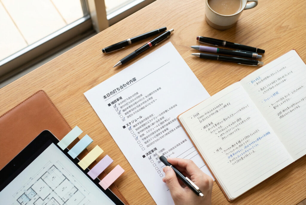 付箋やペンが置かれたデスクで、打ち合わせ内容のメモが細かく記されたヒアリングノートの手元