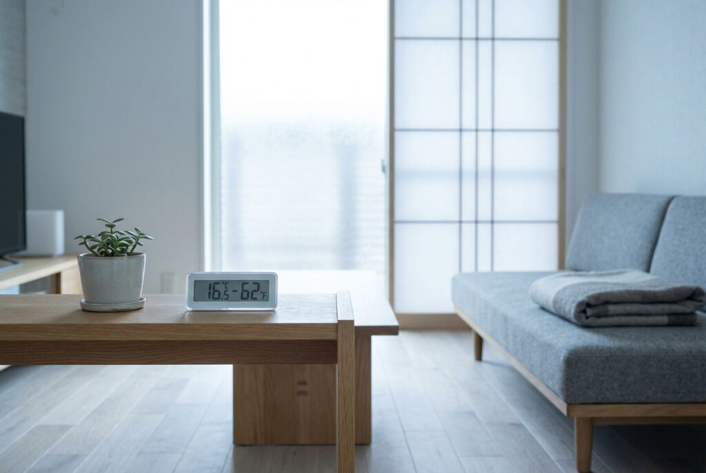 リビングのテーブルに置かれたデジタル温度計が16.5度を示している、HEAT20 G2基準以下の室内