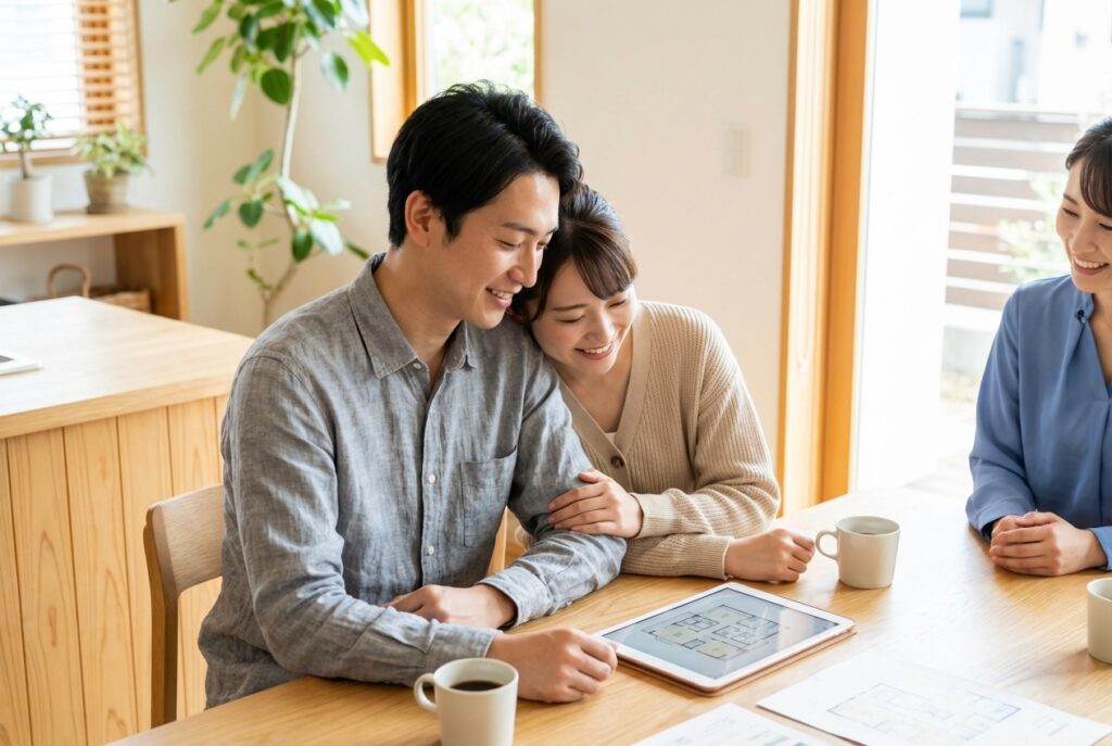 タブレットに表示された注文住宅の間取り図を指さし、プランの細部をスタッフと確認する様子