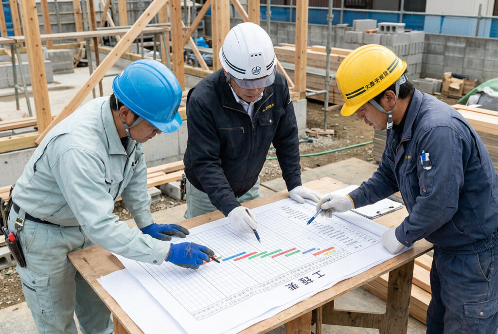 建築現場にて、ヘルメットを着用した技術者が工程表を囲んで打ち合わせをする様子。着工から完成までの計画を細かく確認し、共有する。