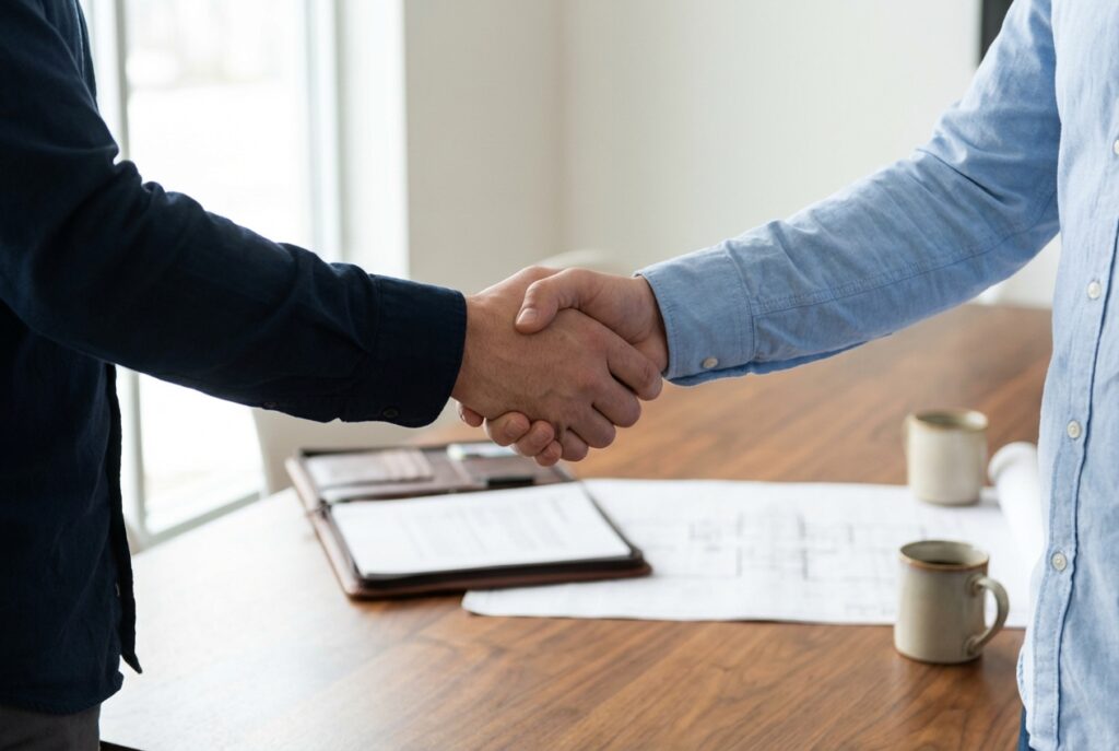 注文住宅の打ち合わせが無事に終わり、信頼の証として力強く握手を交わすスタッフと施主