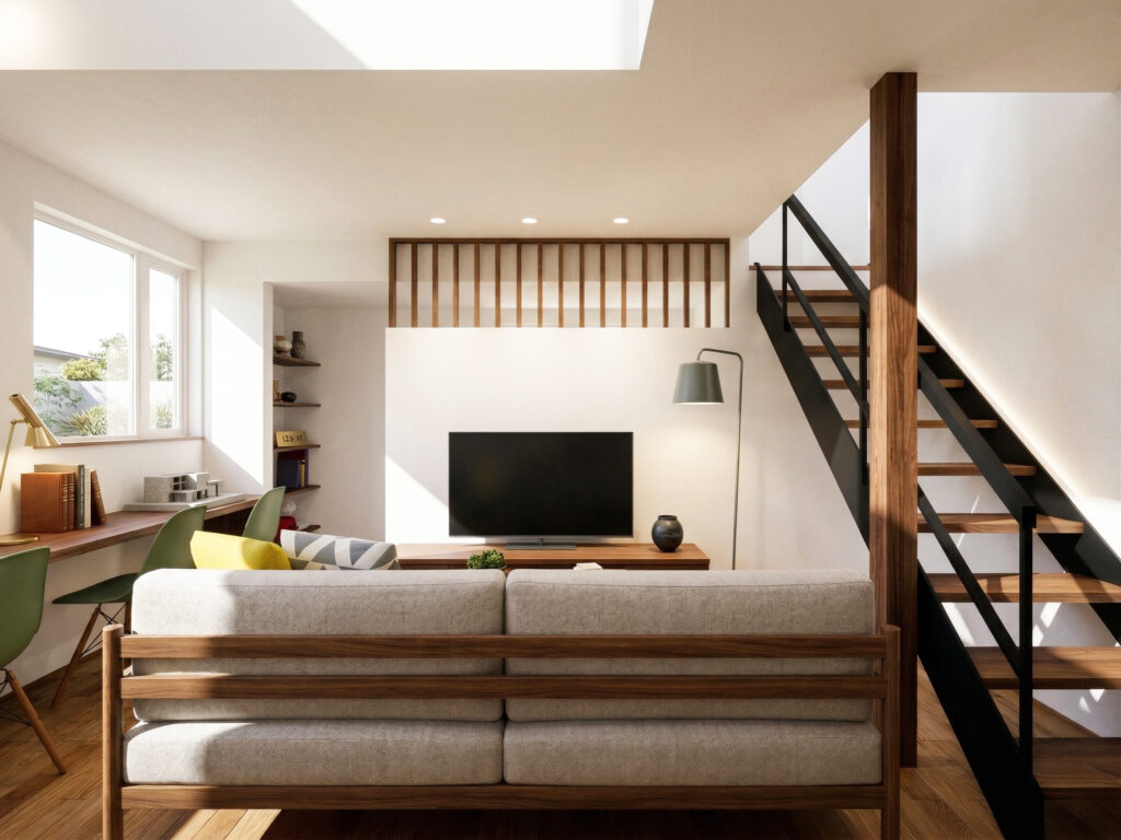 リビングのソファ越しに、テレビボードとスケルトン階段、窓際のワークスペースを見渡すカット。木の格子デザインやダウンライトが施され、家族が個々の時間を過ごしながらも繋がりを感じられる空間構成です。