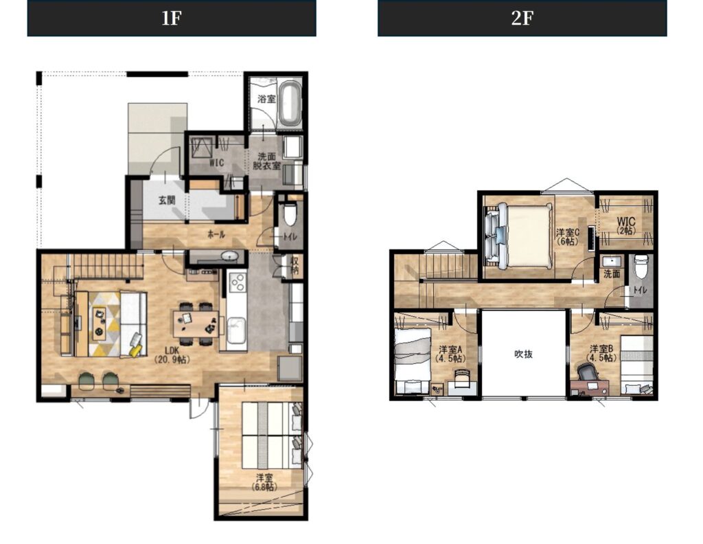 1階に20.9帖の広々としたLDKと洋室、2階に吹き抜けを囲む3つの洋室を配置した2階建ての間取り図。水回りを集約した家事動線や、各所に設けられたクローゼットなど、暮らしやすさに配慮した設計です。