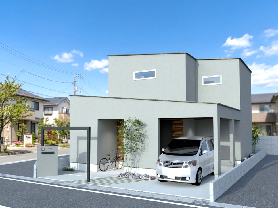 青空に映える、落ち着いたグレーの塗り壁仕上げの2階建て住宅。ビルトインガレージを備え、玄関アプローチにはシンボルツリーやスタイリッシュな門柱、自転車が置かれた、シンプルかつ機能的な外観デザインです。